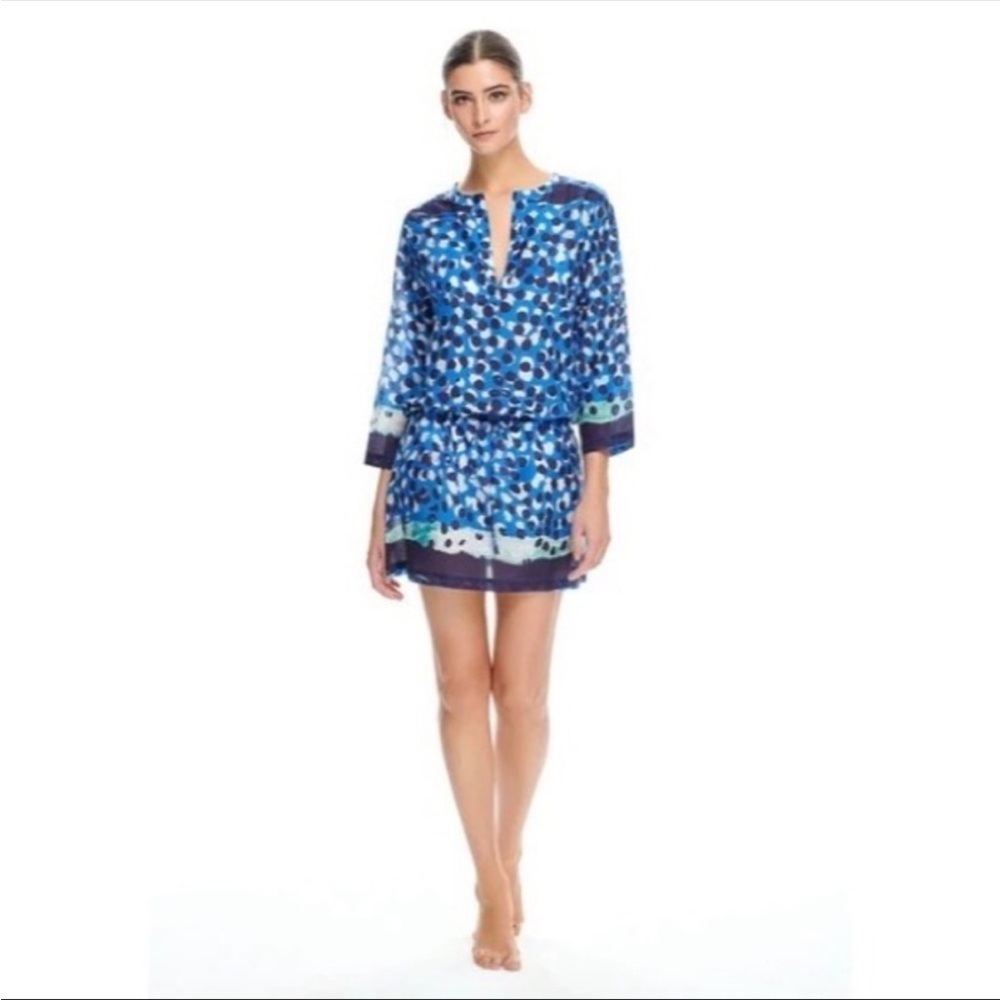 HAREMLIQUE Cotton Silk Tunic Cover Up Ayla A La Mer Blue White $275 Beach Pool